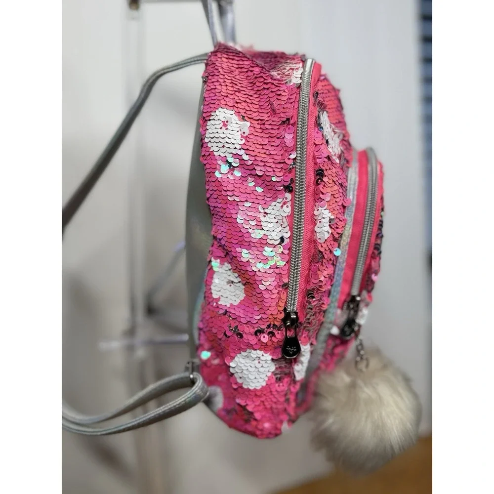 Justice Backpack Pink Sequined With‎ Fob EUC